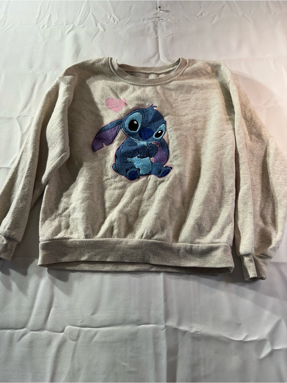 Disney 7/8  Cream Sweatshirt with Blue Stitch and Pink Heart